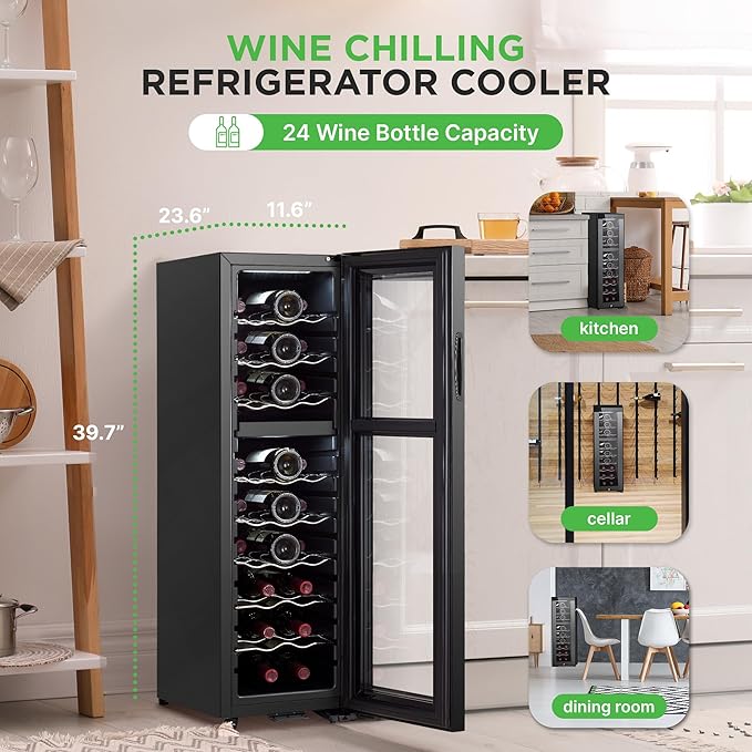 Nutrichef 24 Bottle Wine Fridge - Dual Zone Wine Chiller, Adjustable Temperature 41°F to 64°F, Ultra Quiet Operation, Free Standing Wine Cooler For Home, & Office, 39 x 11 x 26 IN (Black)