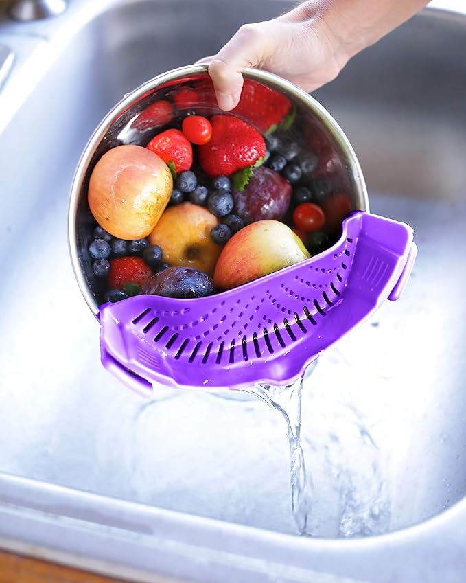 Clip On Kitchen Food Strainer for Spaghetti, Meat, Pasta, & Ground Beef Grease, Colander & Sieve Snaps or Clips Onto Bowls, Pots & Pans Includes Silicone Drainer, Brush & Garlic Peeler (Purple)