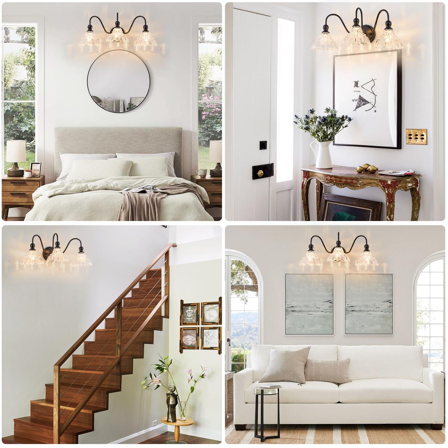 Brknit Vintage Bathroom Light Fixtures Over Mirror  3-Light Black Wall Sconce Lighting With Flower Glass Shade  Farmhouse Vanity Lights For Bedroom Kitchen Living Room Hallway Light