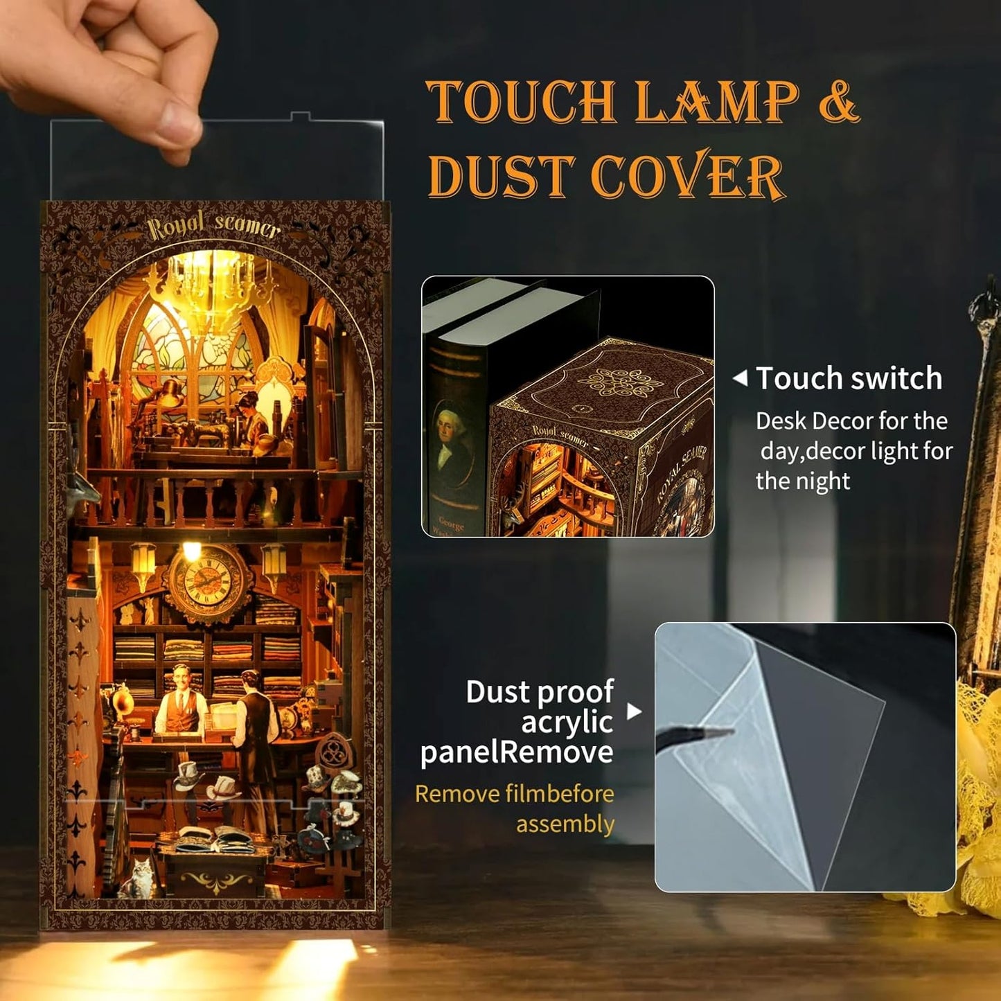 Book Nook Kit for Adults with Dust Cover & LED Light, DIY Miniature House Kit 3D Printed Booknook Wooden Puzzle Dollhouse Bookshelf Insert DIY Craft Model Build Gift for Birthdays, Royal Seamer