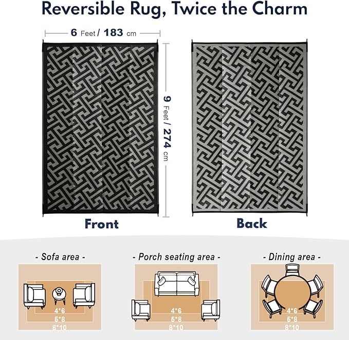 Waterproof Outdoor Rug 6x9 ft, Reversible Plastic Straw Rug, Easy to Clean Patio Rug, Portable Carpet for Patio, RV, Deck, Balcony, Backyard, Picnic, Beach, I-Shaped, Black
