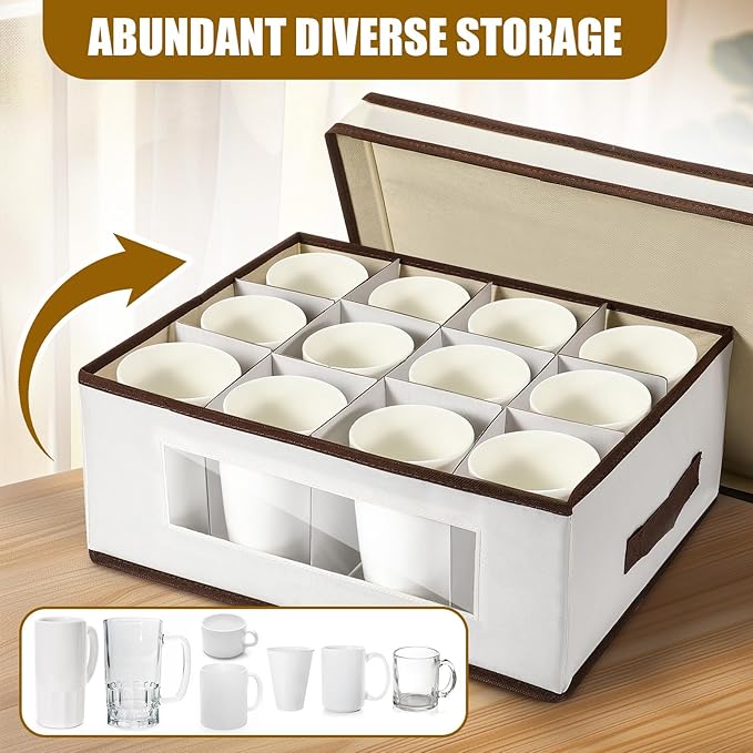 Uiifan 4 Pcs Mug 4 Pcs Champagne Flute Storage Box with Dividers 12 Compartment Stemware Storage Cases China Container Box with Lid, Handles, PVC Window for Moving, Beige