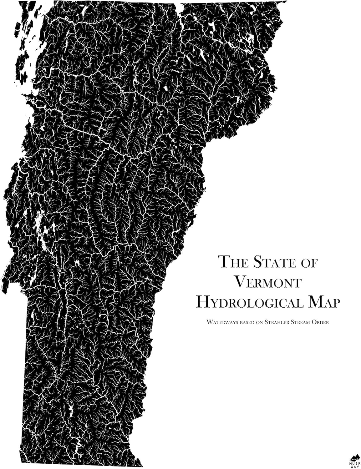 Muir Way Hydrological River Map of Vermont - Watershed Topographic Wall Art for Home, Office, or Travel Decor - Unframed Flat Paper Print, 18x24