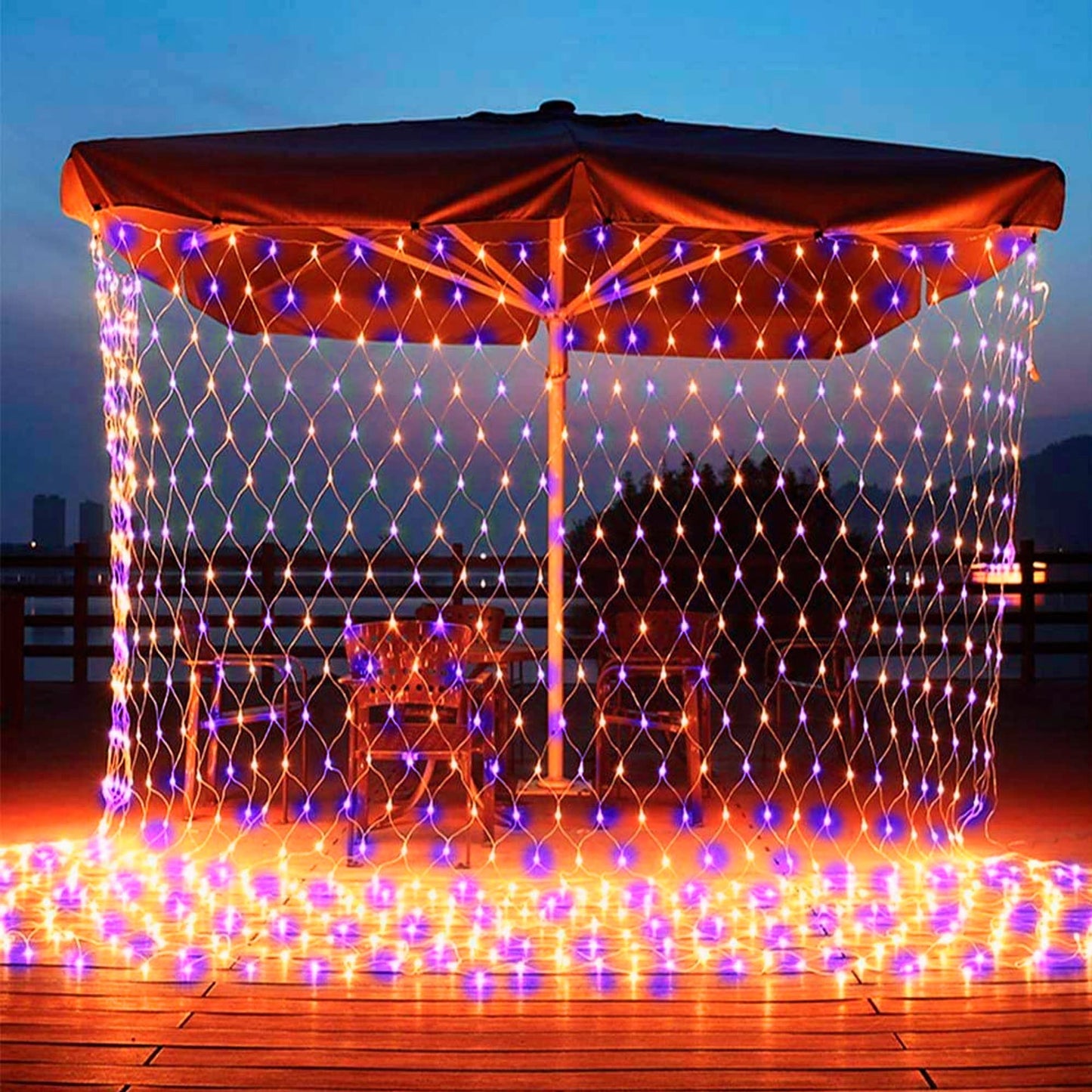 Dazzle Bright 360 LED Net Lights, Waterproof 12FT x 5FT, 8 Modes, Purple & Orange, Model HB-360WCOI, Clear Wire