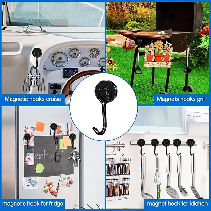 LOVIMAG Hooks, 85lbs+ Magnetic Magnet Hook 2025 Cruise Cabin Ship Essentials Heavy Duty Strong Refrigerator Fridge Hanging for Classroom Beach Vacation Kitchen Grills Home Mug Hanger (6 Pack), Black