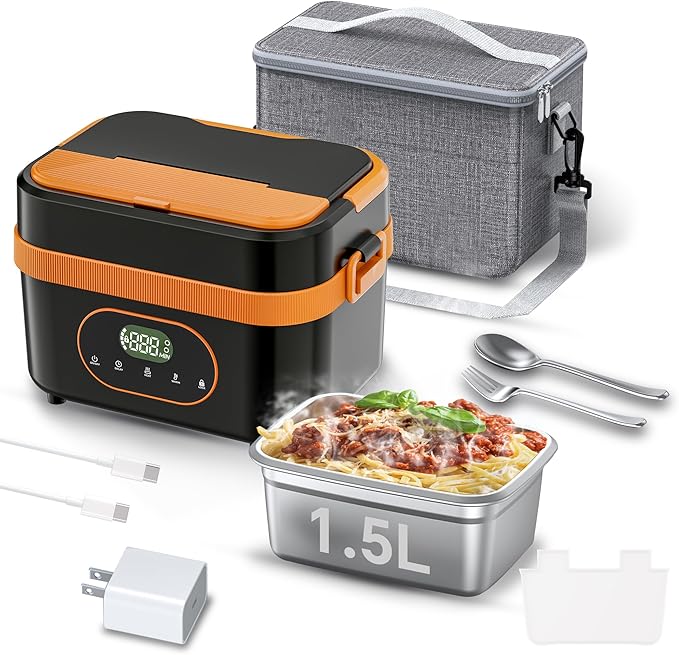 POERUNI.Heated Lunch Box for Adult,Electric Lunch Box for Man,16000mAh Battery &1.5-Liter Container.Wireless Heating is Suitable for Travel,Office.Includes Cutlery,Insulated Bag and Removable Divider
