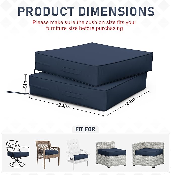 Patio Chair Cushions 24 X 24 X 5 Inch Waterproof Outdoor Seat Cushions for Patio Furniture, Outdoor Sofa Couch Pads with Ties & Handle, Set of 2, Navy Blue