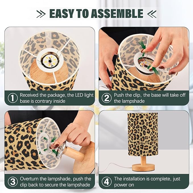 Table Lamp Leopard Print Wild Animal Skin Scale Design Pattern Nightstand Lamp with Wood Base Fabric Lamp Shade Bedside Desk Lamp for Living Room Bedroom Kids Room Office