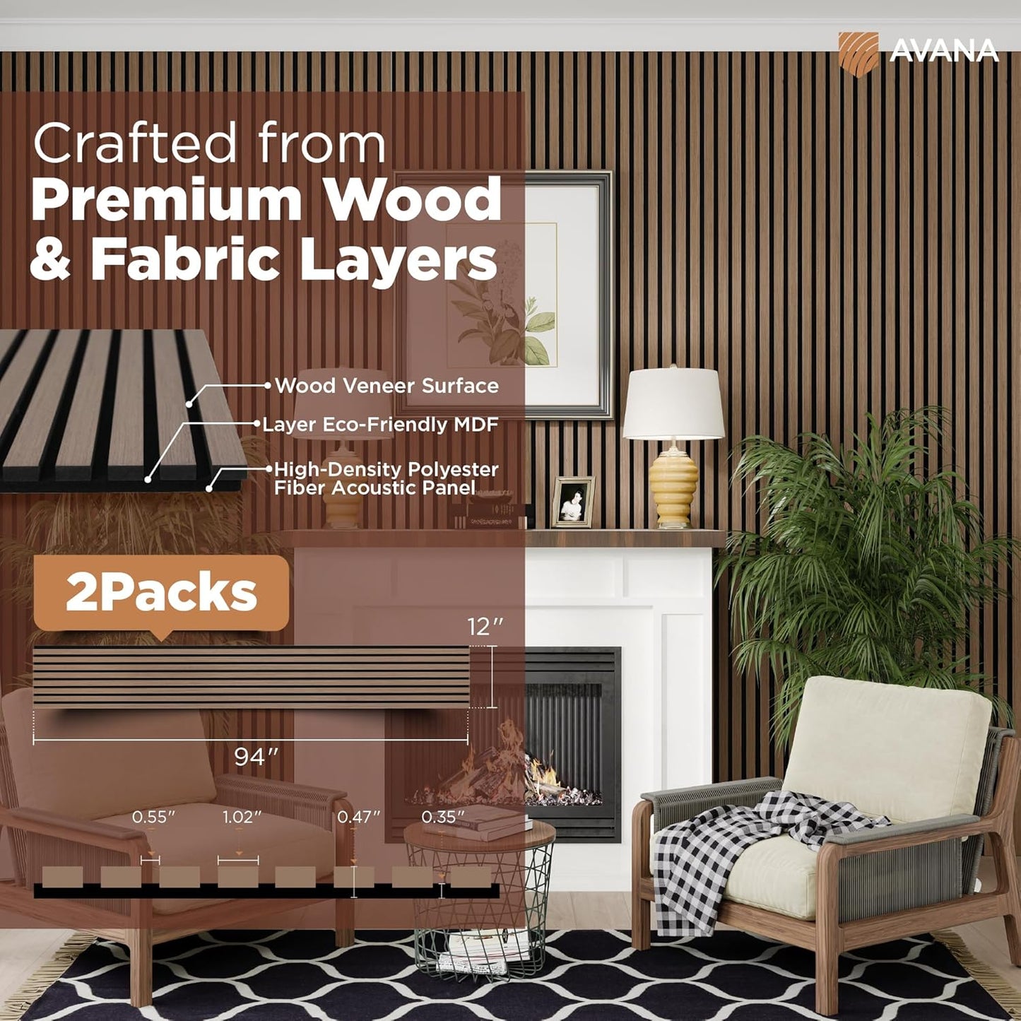 Avana Acoustic Wood Wall Panels – 94.4 x 12.6 Inch Smoke Walnut Acoustic Panels 2 PCs – Wall Panels For Interior Wall Decor For Homes, Offices, Studios – Pleasing Wood Panels For Wall