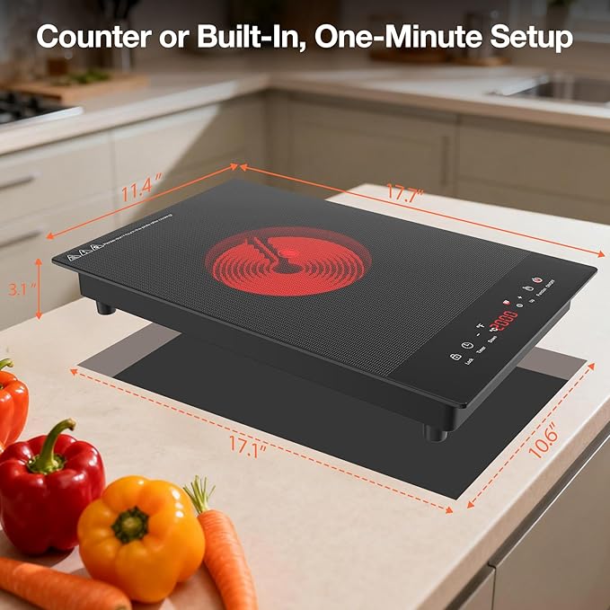 1800W Electric Cooktop, 12 Inch Infrared Single Burner Portable Stove 110-120V - Countertop Hot Plate with Timer & Child Safety Lock, Ideal for Home, Dorm, RV