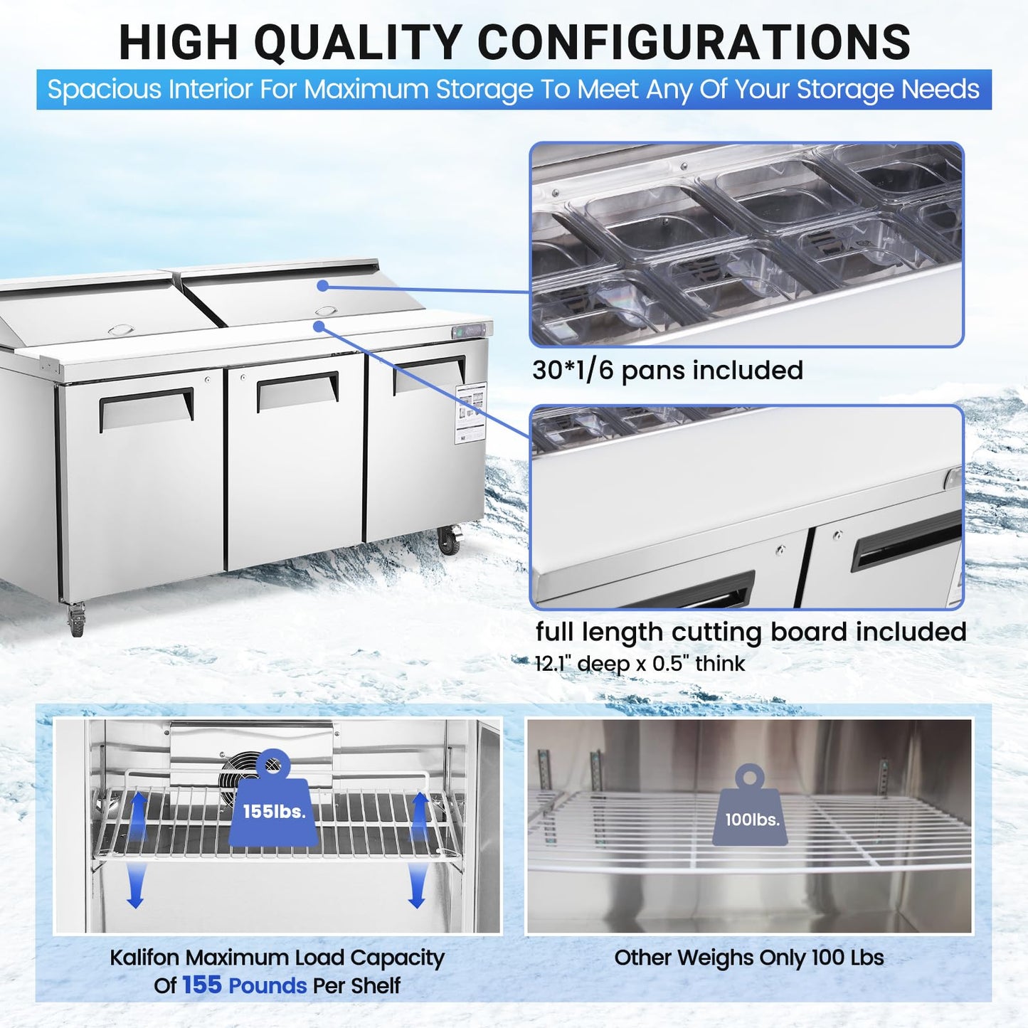 kalifon 72" W 3 Door Refrigerator Sandwich Salad Prep Table Commercial Stainless Steel Fan Cooling Refrigerator with Cutting Board, 3 Shelves & 30 Pans for Restaurant, Bar, Shop-20 Cu.ft