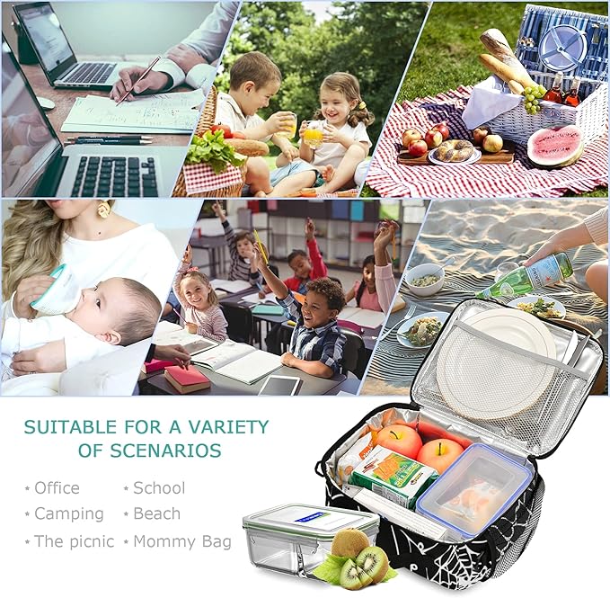 Halloween Spider Web Lunch Bag Insulated Black Lunch Box Cooler Cooling Tote Food Container for Adults Men Women