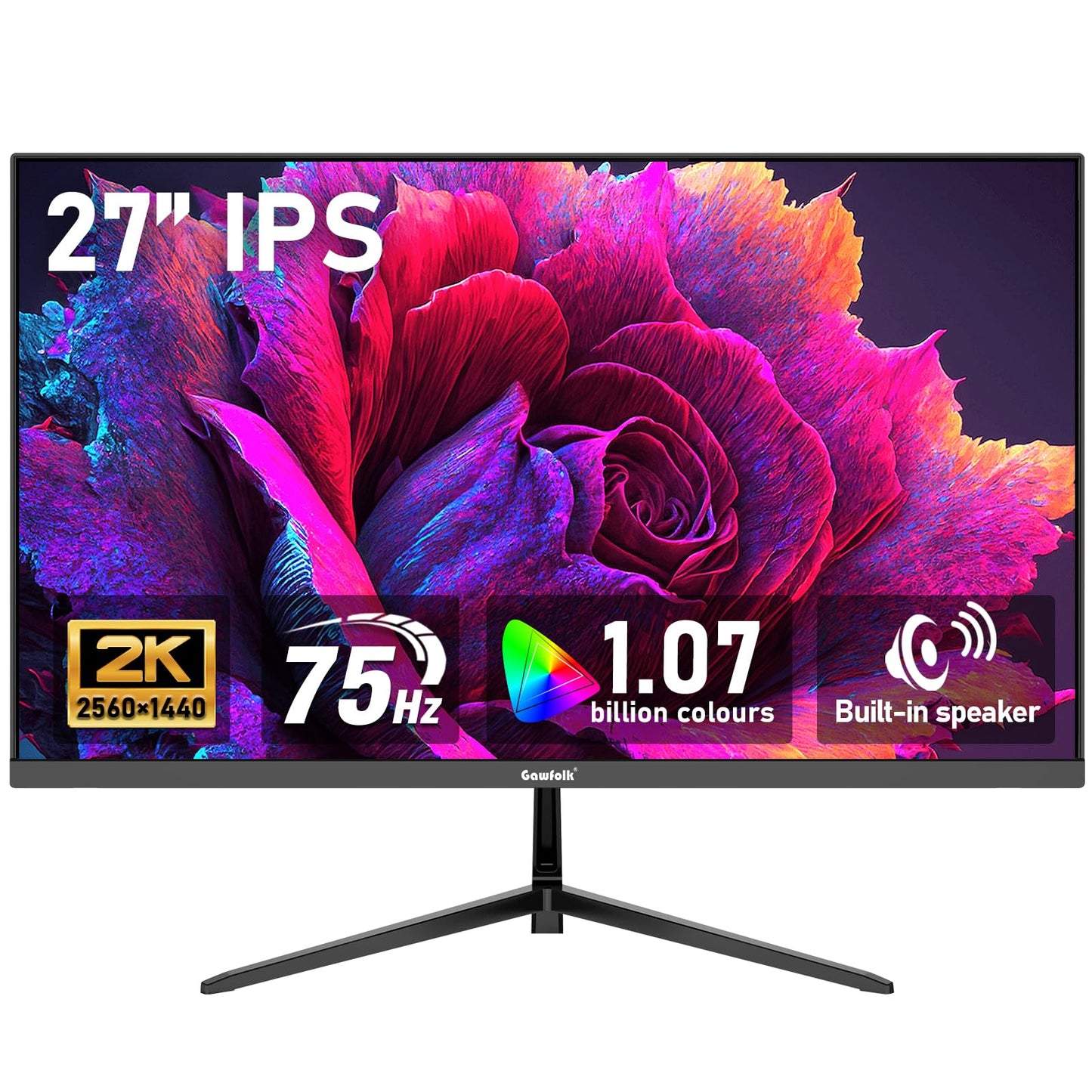 Gawfolk 27 inch IPS 2K QHD (2560  1440) Computer Monitor 75Hz Gaming PC Screen, 1ms,Adaptive Sync,100% sRGB, 1.07 Billion Colour
