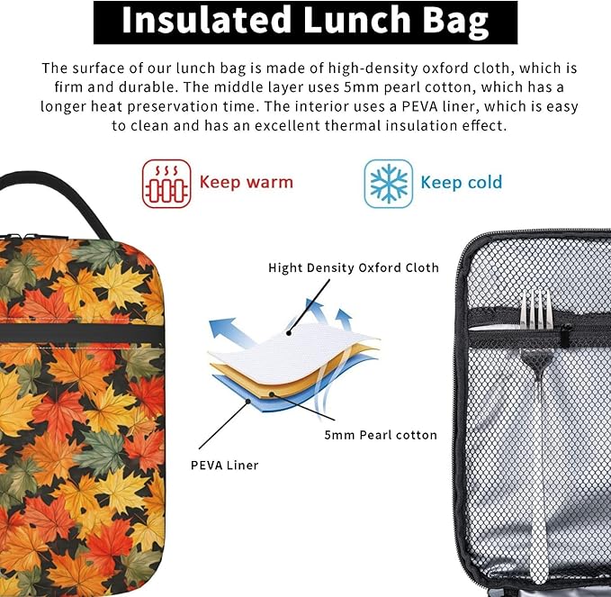 Maple Leaf Lunch Box Insulated Lunch Bag for kids Girls Boys,Reusable Lunch Box Containers for Women Men,Durable Cooler Tote Bag Lunchbox for Office/School/Picnic