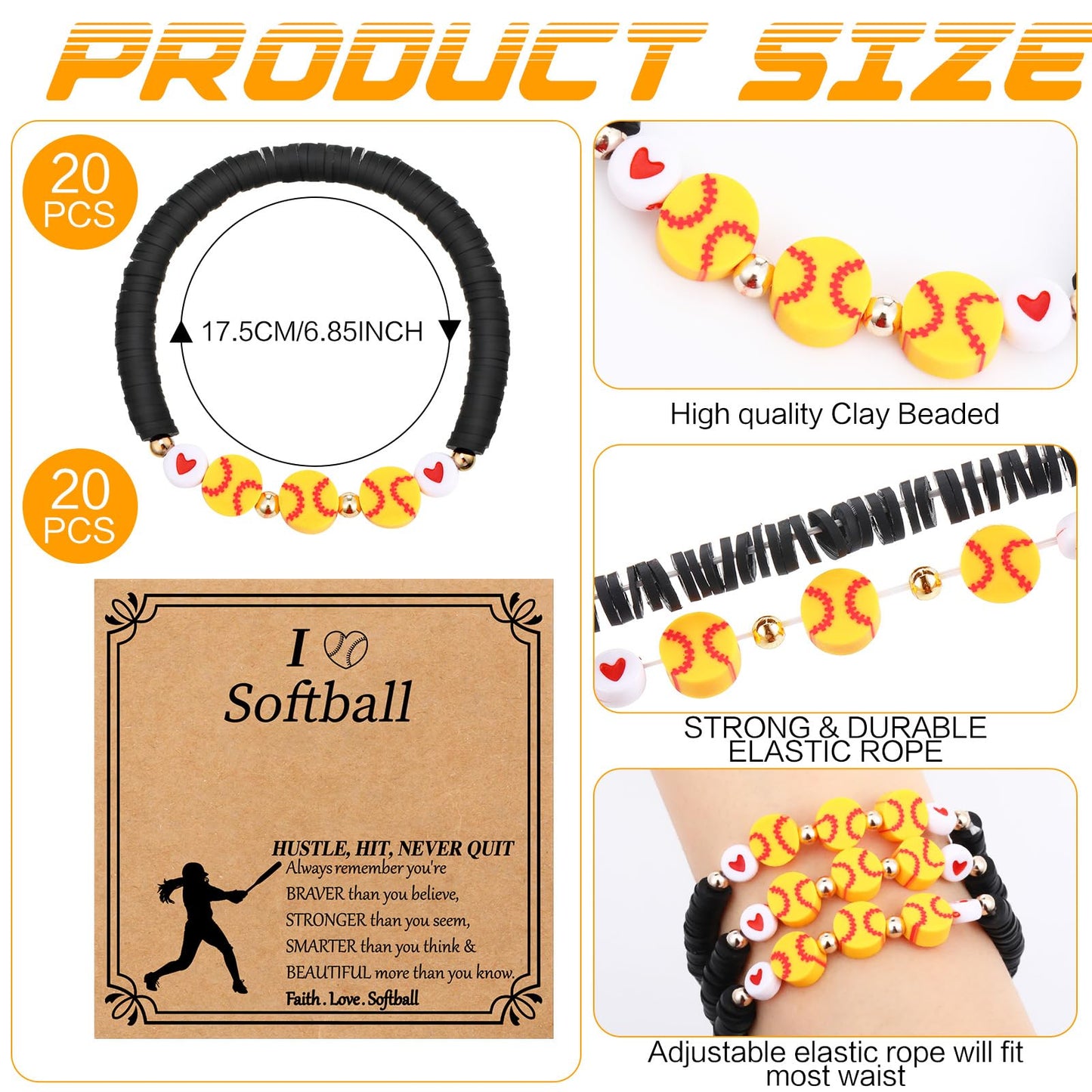 Ecation 20 Set Sport Softball Bracelets Team Gift Bulk Adjustable Bead Ball Charm Bracelet with Inspirational Card for Sport Sof