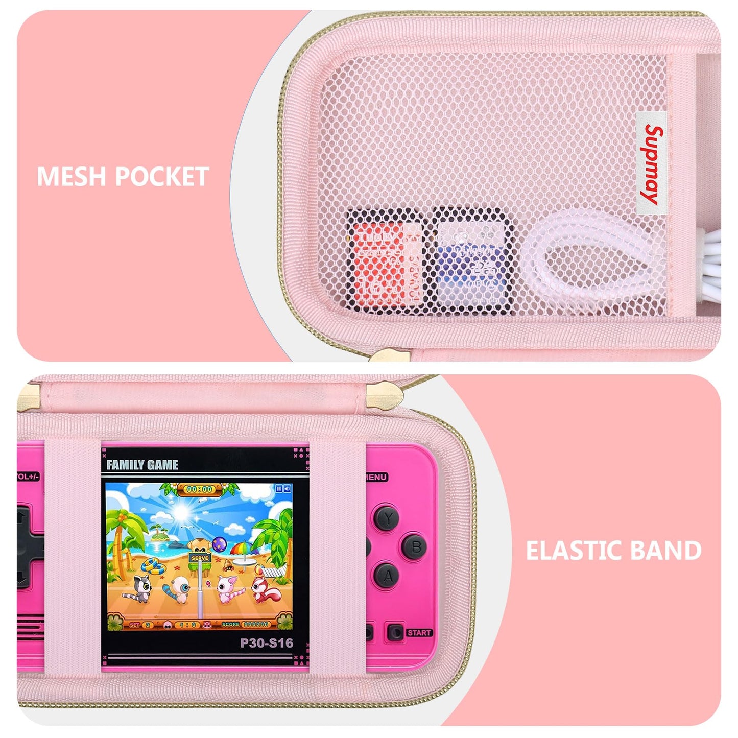 Supmay Carrying Case Compatible with WELLST·G Handheld Game for Kids -Preloaded 220 Retro Video Games, Portable Gaming Player Storage Holder Travel Bag with Mesh Pocket for USB Cable, Pink