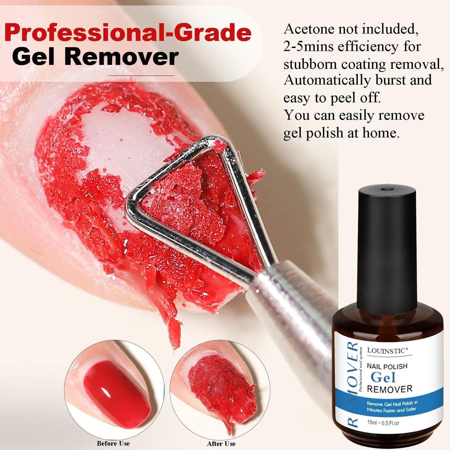 LOUINSTIC Gel Remover Kit - 3 Pcs (45ml) - Quick, Gentle Nail Care Solution for Home or Pro Use with Nail File