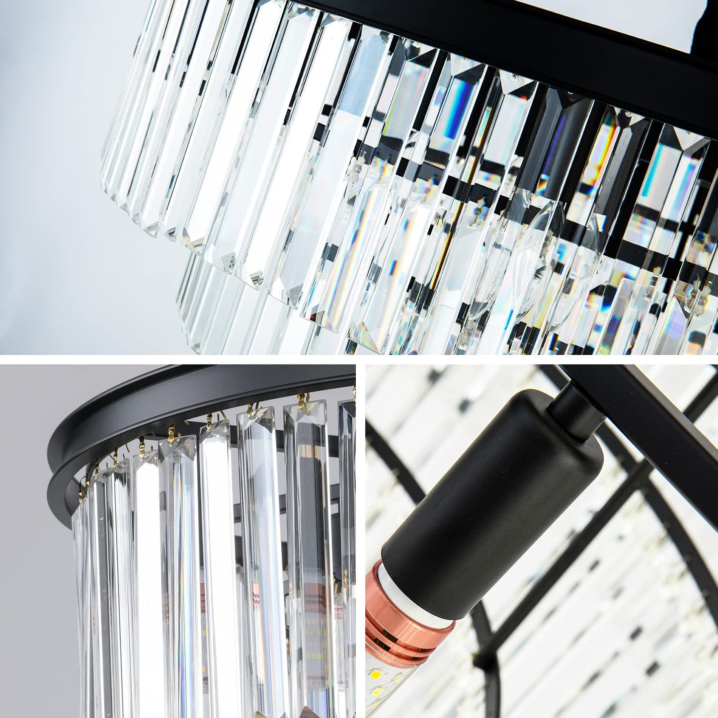 Laiuetai Black Modern Crystal Chandelier  4-Tier Round Flush Mount Ceiling Light Fixtures Height Adjustable Pendant Lighting For Dining Room Living Room Bedroom Kitchen Hotel Foyer
