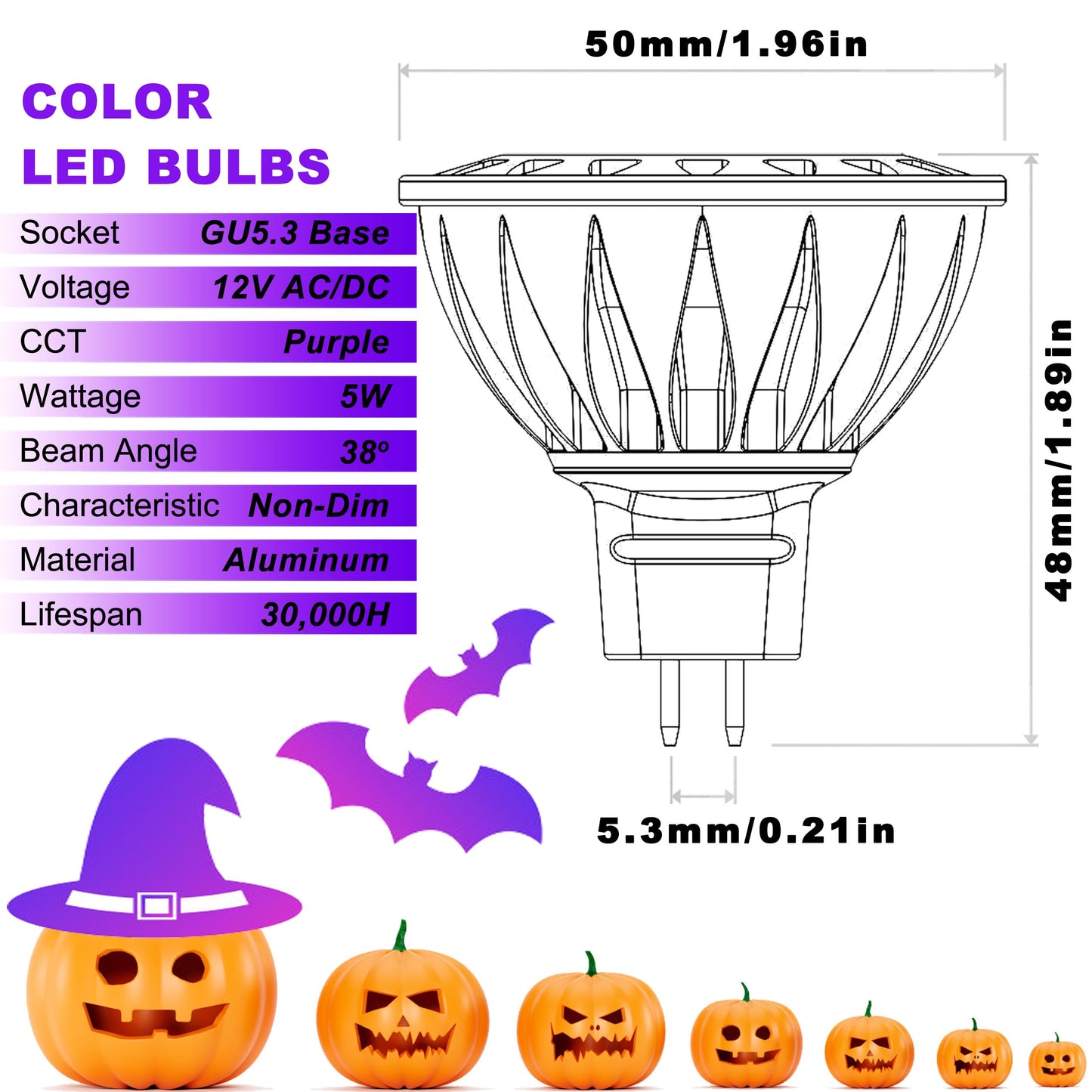 Alide Purple Mr16 Gu5.3 Led Bulbs 5W 20W 35W 50W Halogen Equivalent 12V Low Voltage Mr16 Led Purple Bulbs For Halloween Outdoor Landscape Yard Garden Tree Pool Holiday Lighting 38 Deg 6 Pack