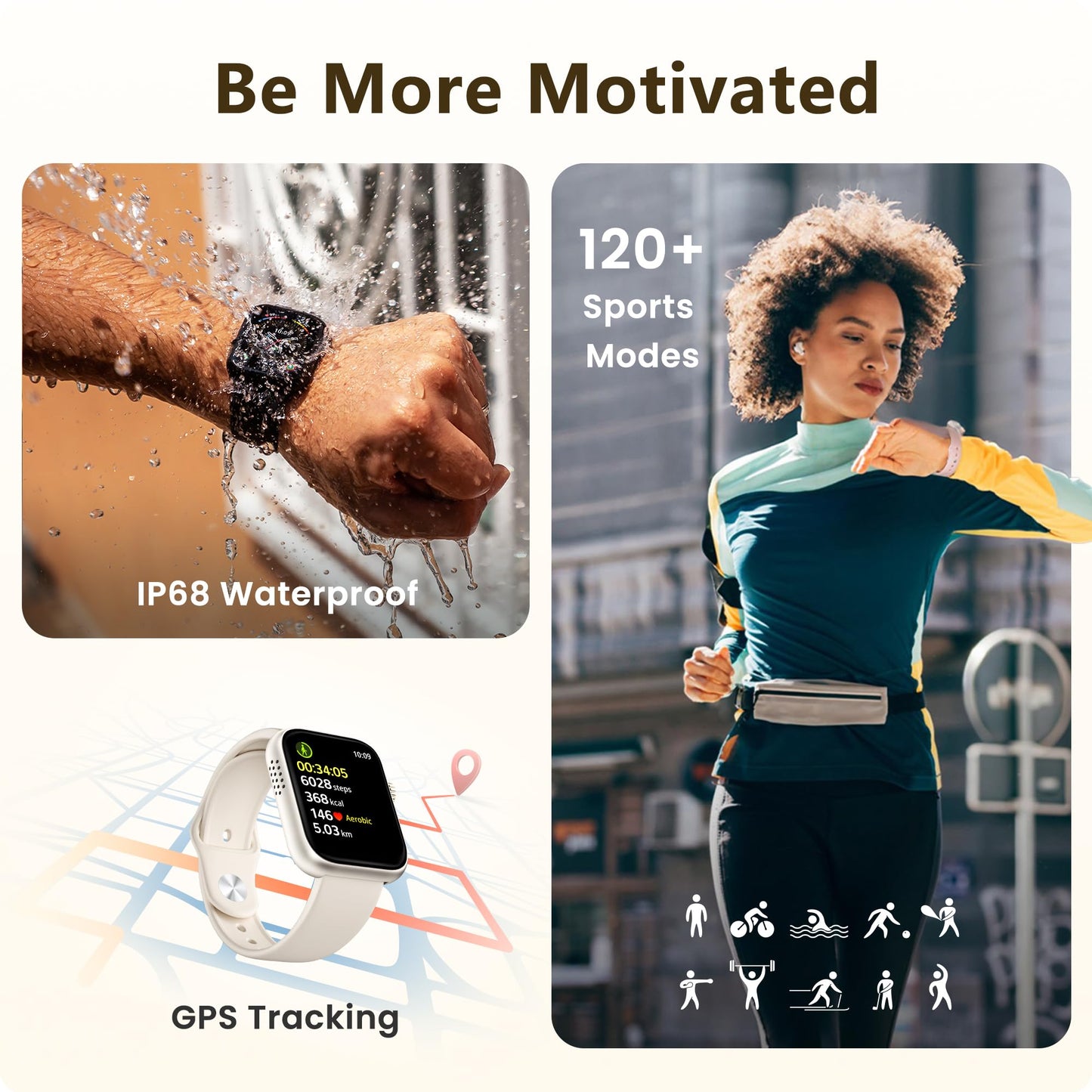 Smart Watch for Men Women, Bluetooth Call, 120+Sports Modes Fitness Tracker, Sleep Tracking, Step & Calorie Counter, IP68 Water Resistant Smartwatchs for Android iPhone, lightweight Casual Beige