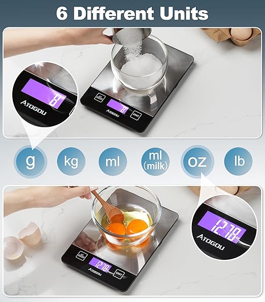 Atogou Food Scale, 33lb Rechargeable Kitchen Scale with Full-View Backlit LCD Display, Waterproof Stainless Steel Surface, Type-C Charging, Grams and Ounces for Baking, Cooking, Food Grey