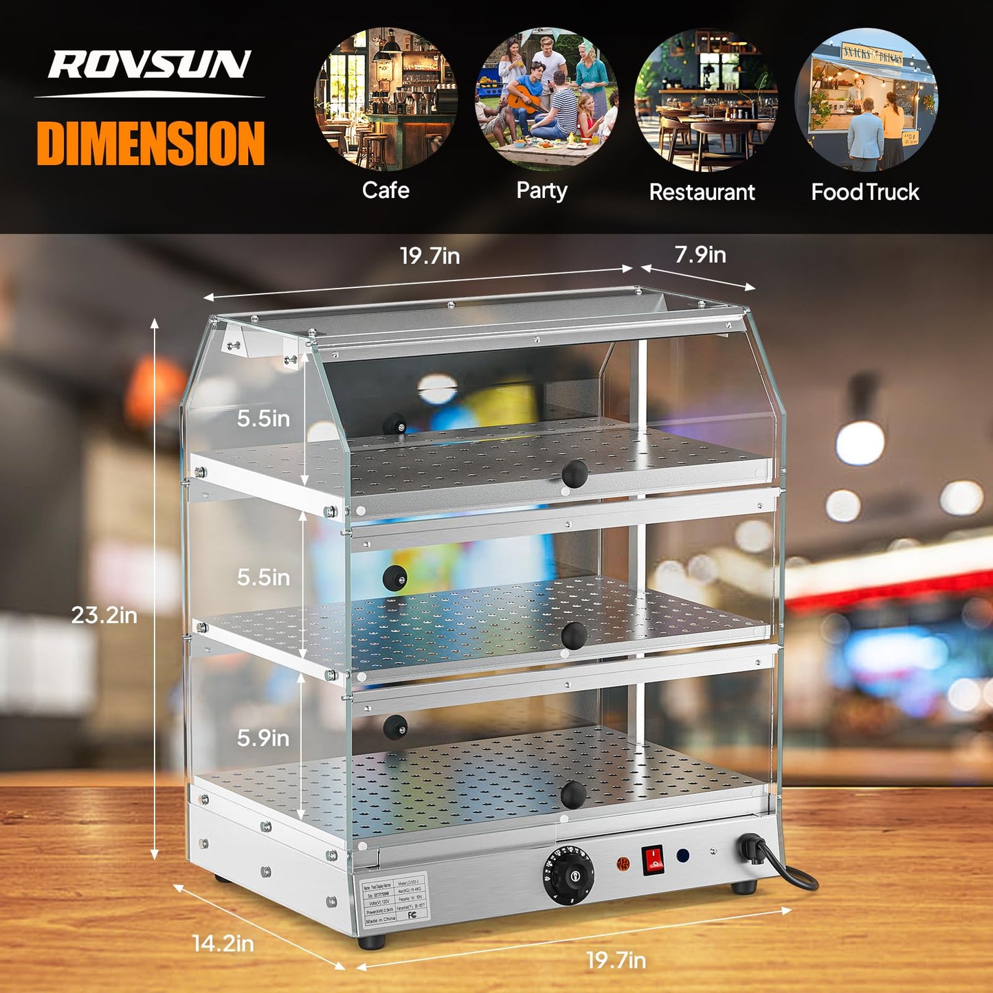 ROVSUN 3-Tier Food Warmer Pizza Warmer Countertop, Food Warmer Display Pretzel Warmer with LED Lighting Front and Rear Doors, Electric Catering Hot Box Acrylic for Buffet Restaurant Cafe