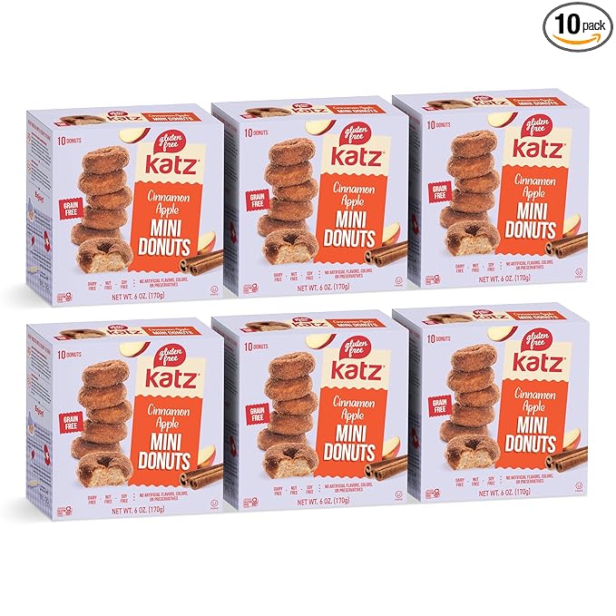 Katz Gluten Free Mini Cinnamon Apple Donuts. Fresh Baked With Juicy Apples & Dusted With Cinnamon Sugar. Gluten Free. Tree Nut, Peanut, Dairy & Soy Free. Kosher. 10 Donuts. 6.0 oz. (Pack of 6)