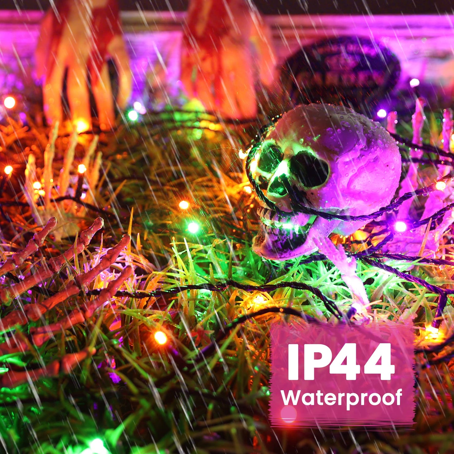 Jnaurb Halloween String Lights, 300 LED, 114ft, Waterproof, 8 Modes, Orange, Green & Purple, Model LED0823300