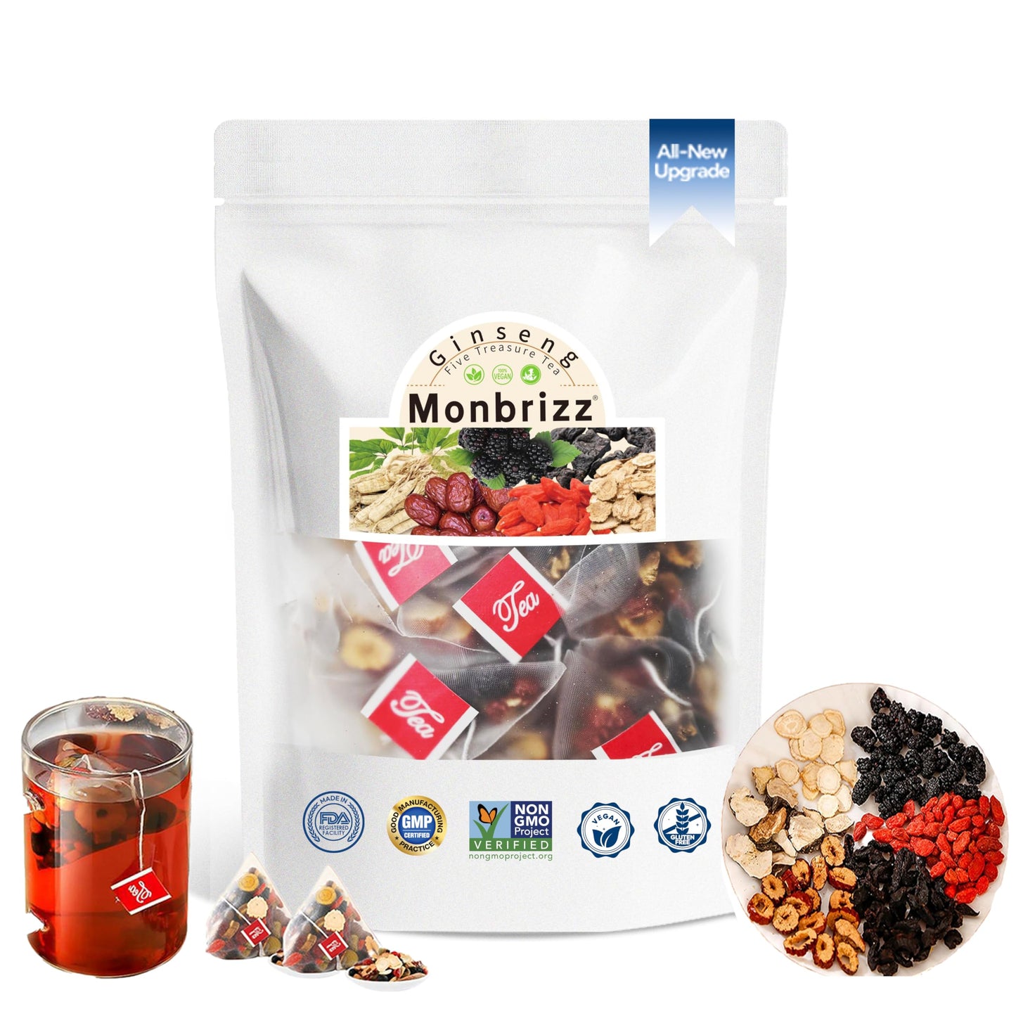 Monbrizz kidney tea formula Ginseng Six treasure tea te divina  maca root  Goji berries  turmeric kidney formula ginseng eight treasure Cleanse Detox Caffeine-Free Tea (60count)