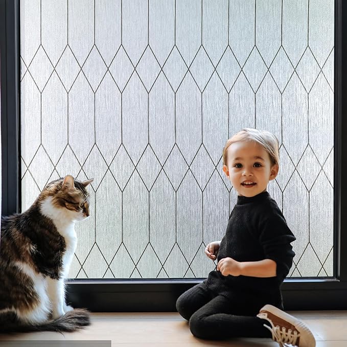 Windimiley Window Privacy Film Stained Glass Static Clings, Bathroom Frosted Leaded Decorative Window Stickers, UV Heat Blocking Opaque Removable for Home Door Coverings (17.5 x 78.7in,Rain)