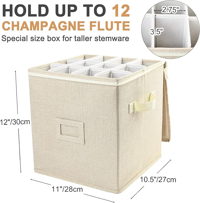 LotFancy Champagne Flute Storage Container for Moving, Hard Shell, Stackable 12" Tall Stemware Storage Box with Dividers & Handles, Wine Glass, Crystal Glassware, Drinkware Case, Beige