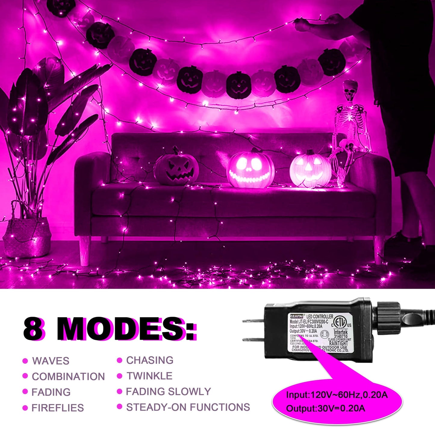 kemooie 500 LED Pink Fairy Lights, 164 FT, Black Wire, 8 Modes, Indoor/Outdoor Decoration