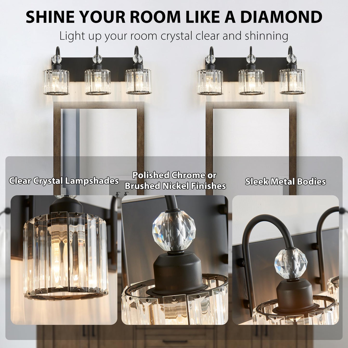 Diamondforge Bathroom Vanity Light Fixtures Over Mirror - Makeup Lighting Black - For Modern Wall  Bath  Desk  Farmhouse  Hallway (3 Crystal Lights)