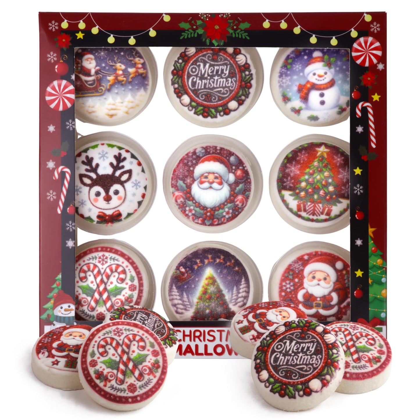 Christmas Marshmallow Toppers  Perfect for Hot Cocoa Toppings or Dessert Decorating Candy  Assorted Holiday Designs (9 Count)