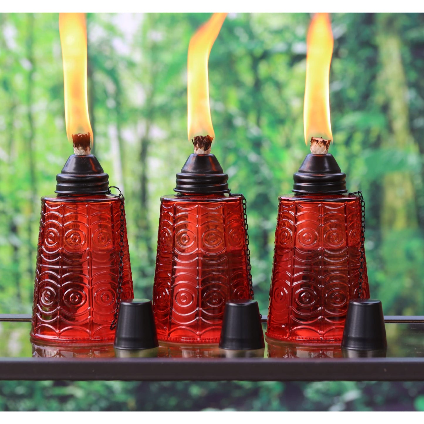 Seraphic Citronella Table Top Torches, 16oz Glass Candles, Set of 3, Red, Outdoor Patio, Mosquito Repellent