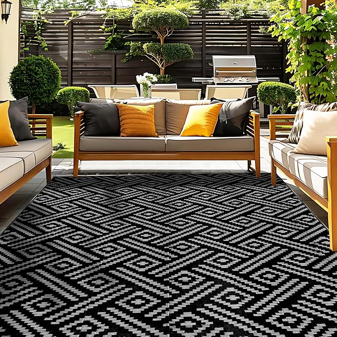 OPPODREAM Outdoor Rug 6x9 Ft, Waterproof Outdoor Plastic Straw Rug for Patio, Reversible Out Door Carpet for Camping, Deck, Rv, 6 x 9 Area Carpet for Balcony, Porch, Backyard, Black and Beige