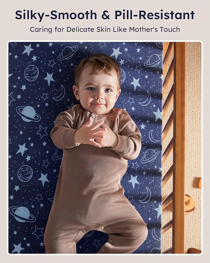 Baby Crib Sheets for Boys Girls, 28x52x8in Fitted Crib Sheet Neutral 3 Pack for Standard Crib and Toddler Mattress, Breathable Soft Microfiber Baby Sheet Blue Gray Planet