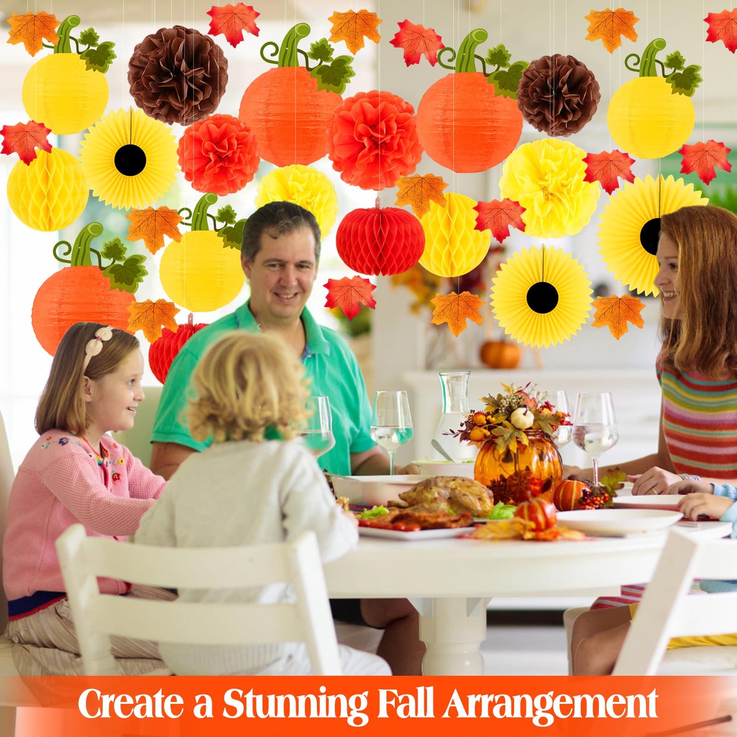 Fall Thanksgiving Party Decorations  Hanging Pumpkins Honeycomb Paper Lantern Fall Paper Fans Pompoms Maple Leaves For Autumn Harvest Baby Shower Party Decor