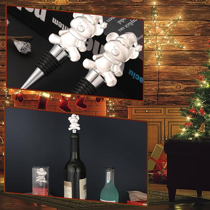 Set of 3 Metal Reusable Bear Wine Bottle Stoppers for Wine, Champagne - Christmas Decorative Party Favor