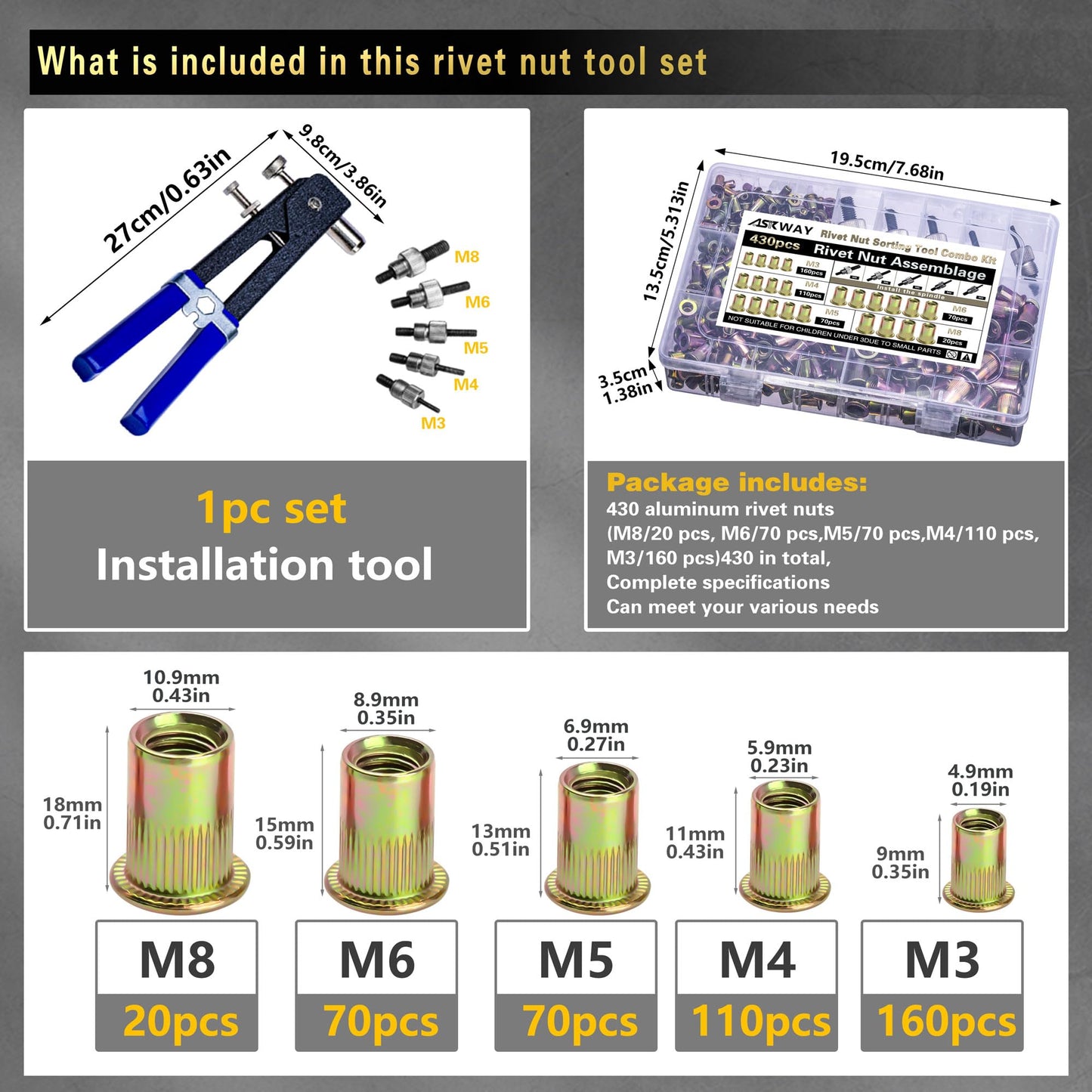 Pressure Rivet Nut Tool Kit, 430Pcs Metric Rivet Nut Combination (M8/M6/M5/M4/M3), Suitable for Furniture, Decoration, Automotive, Marine and Industrial Applications