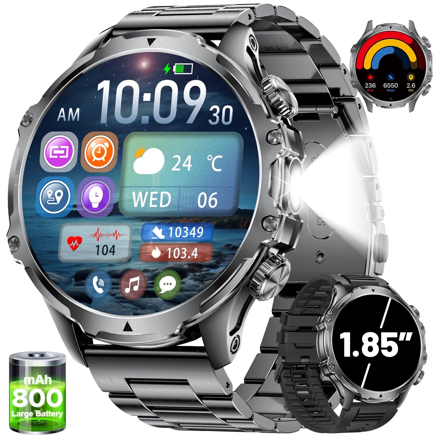 Military Smart Watch for Men,1.85" HD/800mAh Battery Smart Watches with LED Flashlight for Android iOS (Bluetooth Call Answer/Calls)Fitness Tracker with Heart Rate/Sleep Tracking/Blood Oxygen Black
