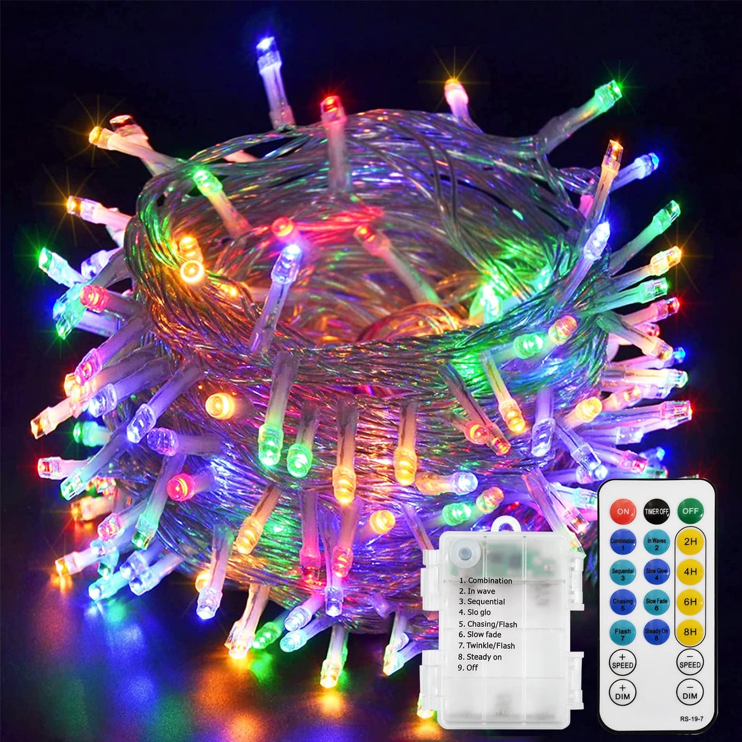 Echosari 100 Leds Outdoor Christmas String Lights - Battery Operated, Remote, Dimmable, 8 Modes, Multicolor, Plastic