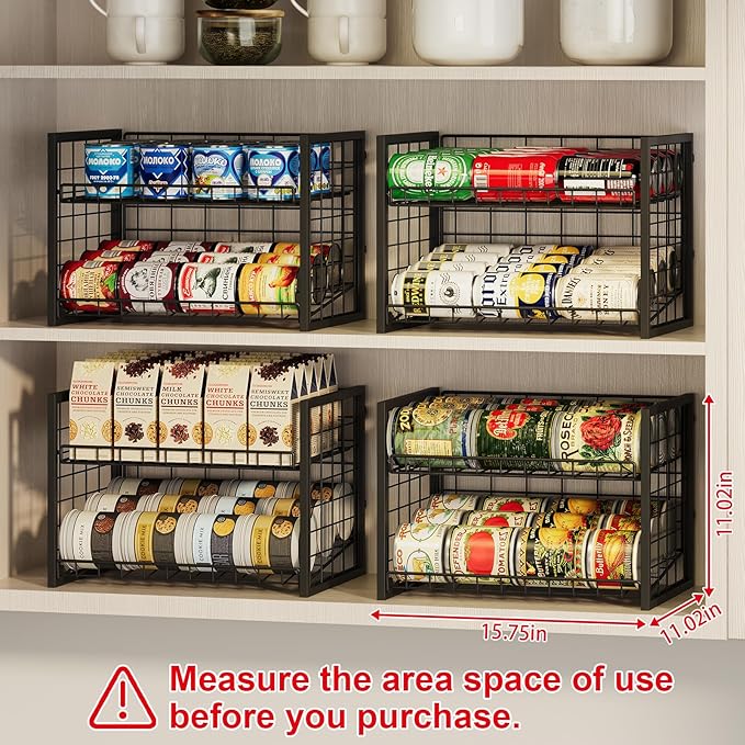 X-cosrack 2 Packs Stackable Can Rack Organizer for Pantry, 2-Tier Adjustable Pantry Can Storage Organizer for Canned Food Can Goods, Kitchen Can Dispenser Holder for Soda Drinks Snack, Black