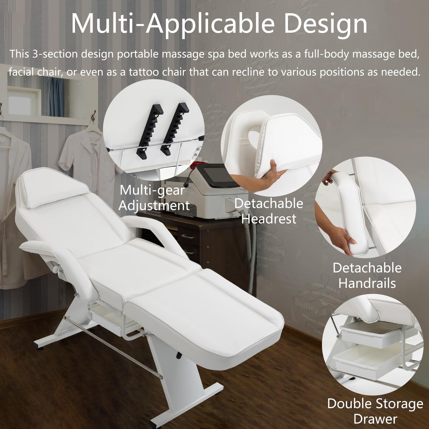 VroomAuto Hydraulic Facial Bed & Massage Chair with Stool, 3-Section Adjustable Esthetician Table for Spa, Tattoo, Beauty Salon, White