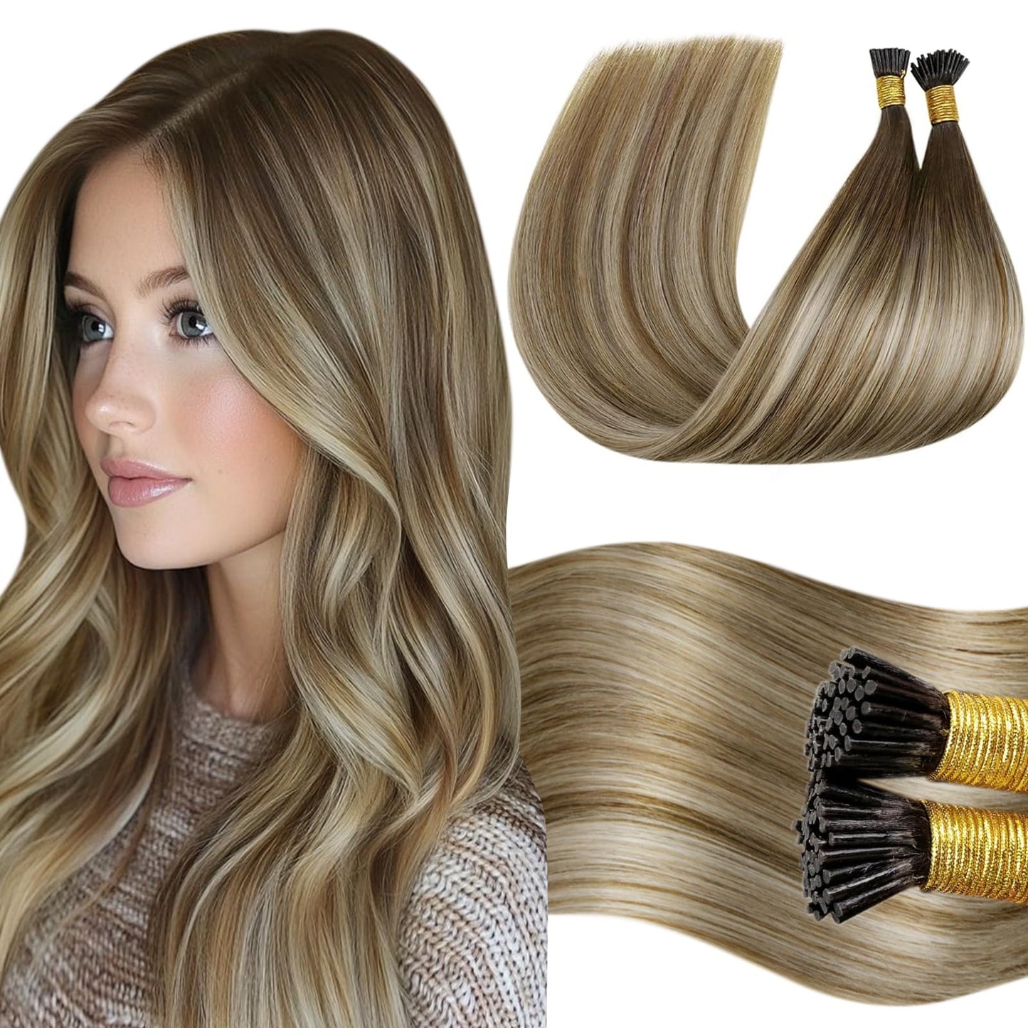 LaaVoo Itip Human Hair Extensions Ombre I Tip Hair Extensions Human Hair Balayage Brown to Medium Brown with Blonde Remy Hair It