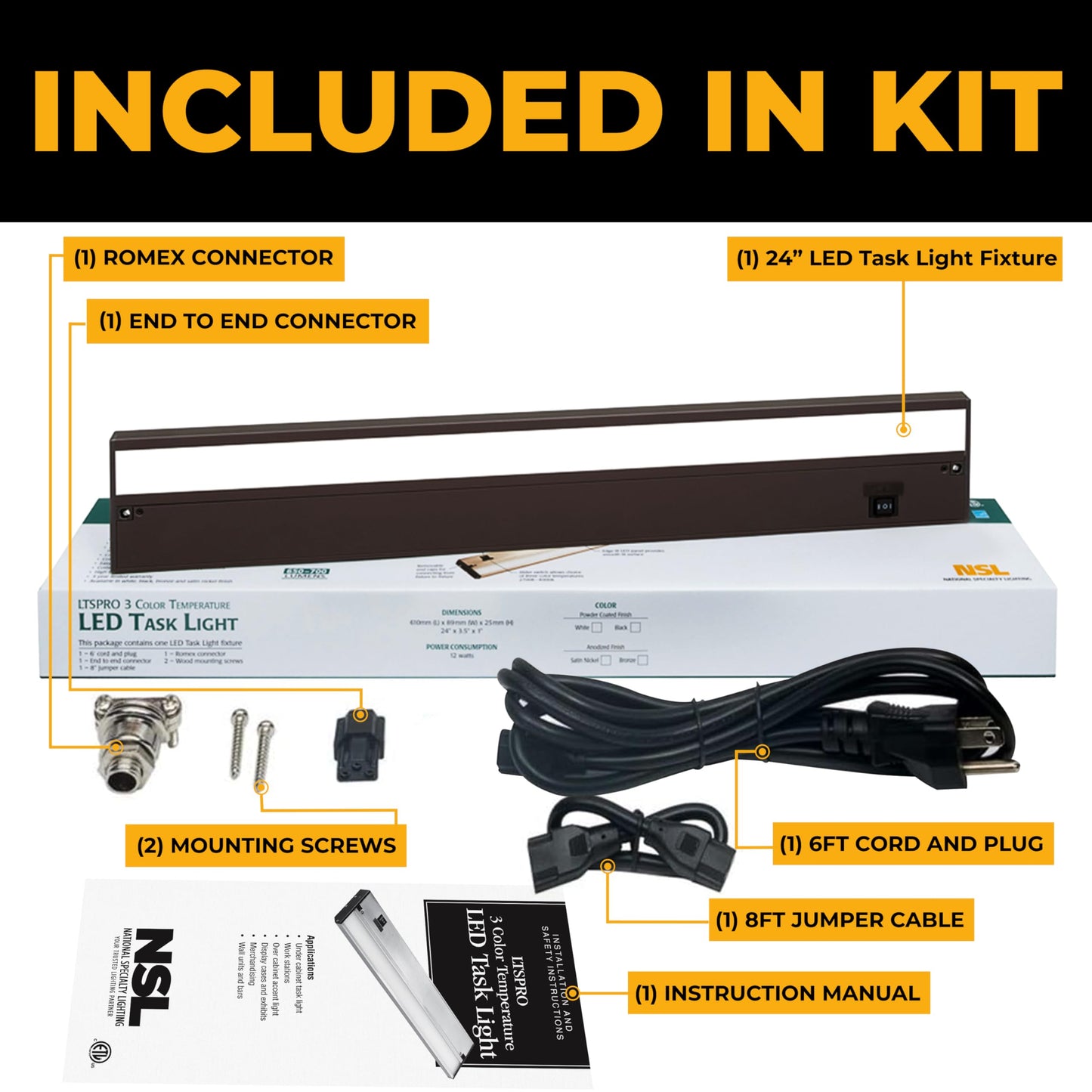 NSL LED Under Cabinet Lighting - Dimmable, 3 Color Temperatures, 24 Inch, Bronze Finish, Model LTSPRO-24-BZ