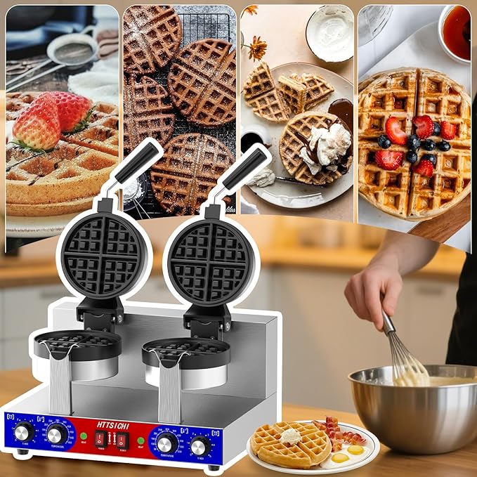 Commercial Belgain Waffle Maker - Rotating Double Waffle Maker w/Non-stick and 1.2 in Thick, Filp Belgian Waffle Machine w/ 122-572℉ Temp Range and Timer, Stainless Steel Waffle Iron, 2400W