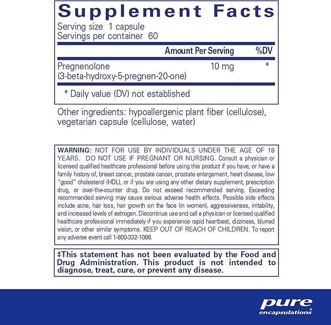 Pure Encapsulations Pregnenolone 10 mg - Support Memory & Hormone Balance* - Hormone Precursor - Gluten Free & Non-GMO - 60 Capsules