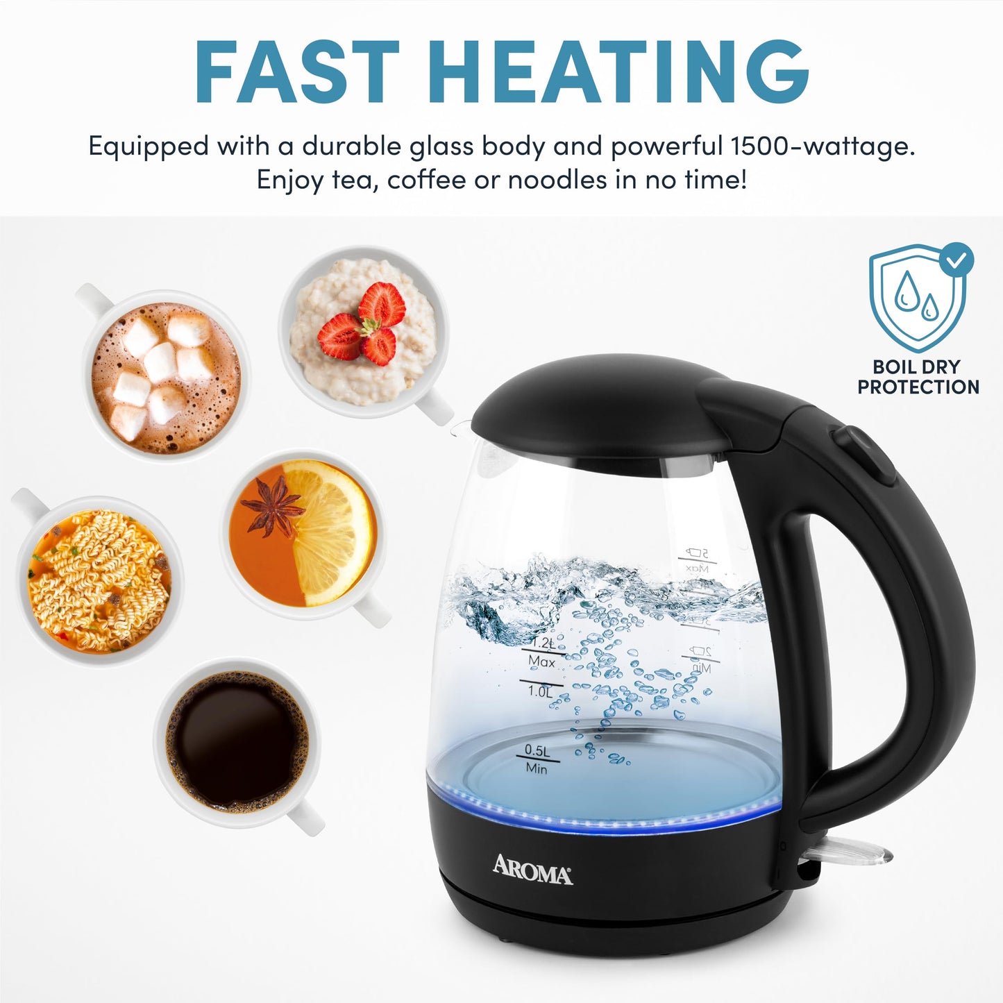 AROMA® 1.2L / 5-Cup Glass Electric Kettle with Cordless Pouring, Trigger-Release Lid, Automatic Shut-off, Black (AWK-151B)