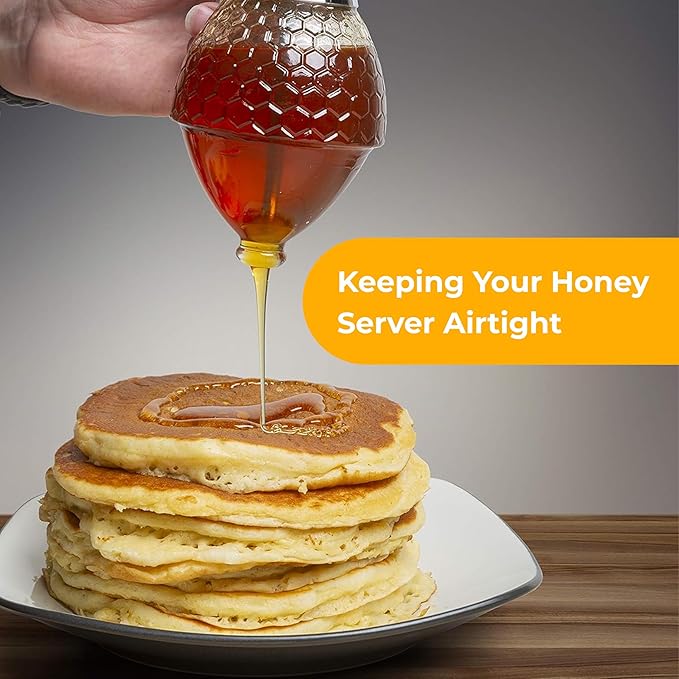 Hunnibi 8oz No Drip Glass Honey Dispenser with Plastic Top - Honeycomb-Style Syrup Server and Bee-Themed Storage Jar with Stand - 6" Clear Container for Honey, Maple Syrup
